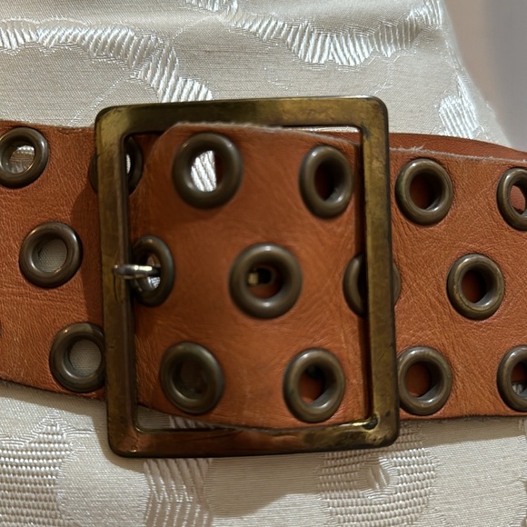 Vintage Genuine Leather Brass Buckle Multiple Grommets Suede Adjustable Belt - Picture 9 of 12